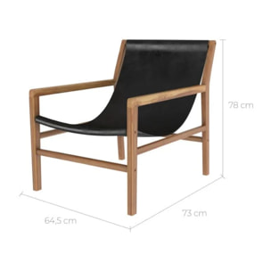 Fauteuil lounge en teck et cuir de vachette noir - Apache