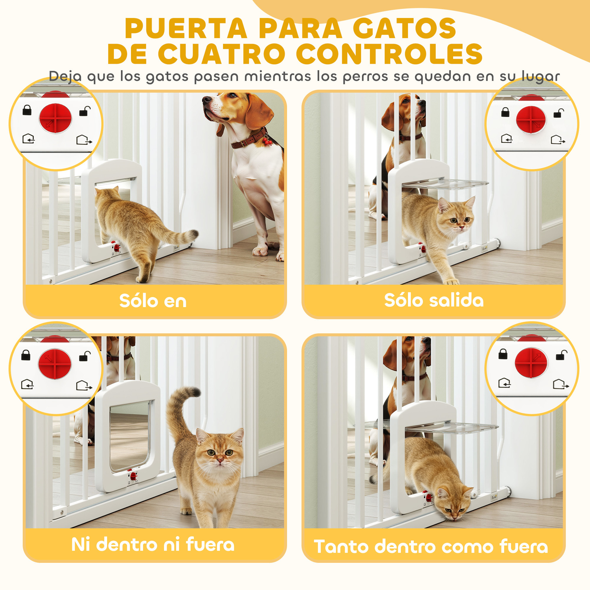 Barrera de Seguridad para Perros Extensible 75-85 cm, para Puertas y Escaleras, Barrera para Perros con Puerta Pequeña, Montaje a Presión, Doble Bloqueo, Blanco