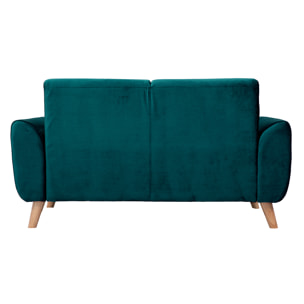 Canapé scandinave 2 places en tissu velours bleu pétrole et bois clair EKTOR