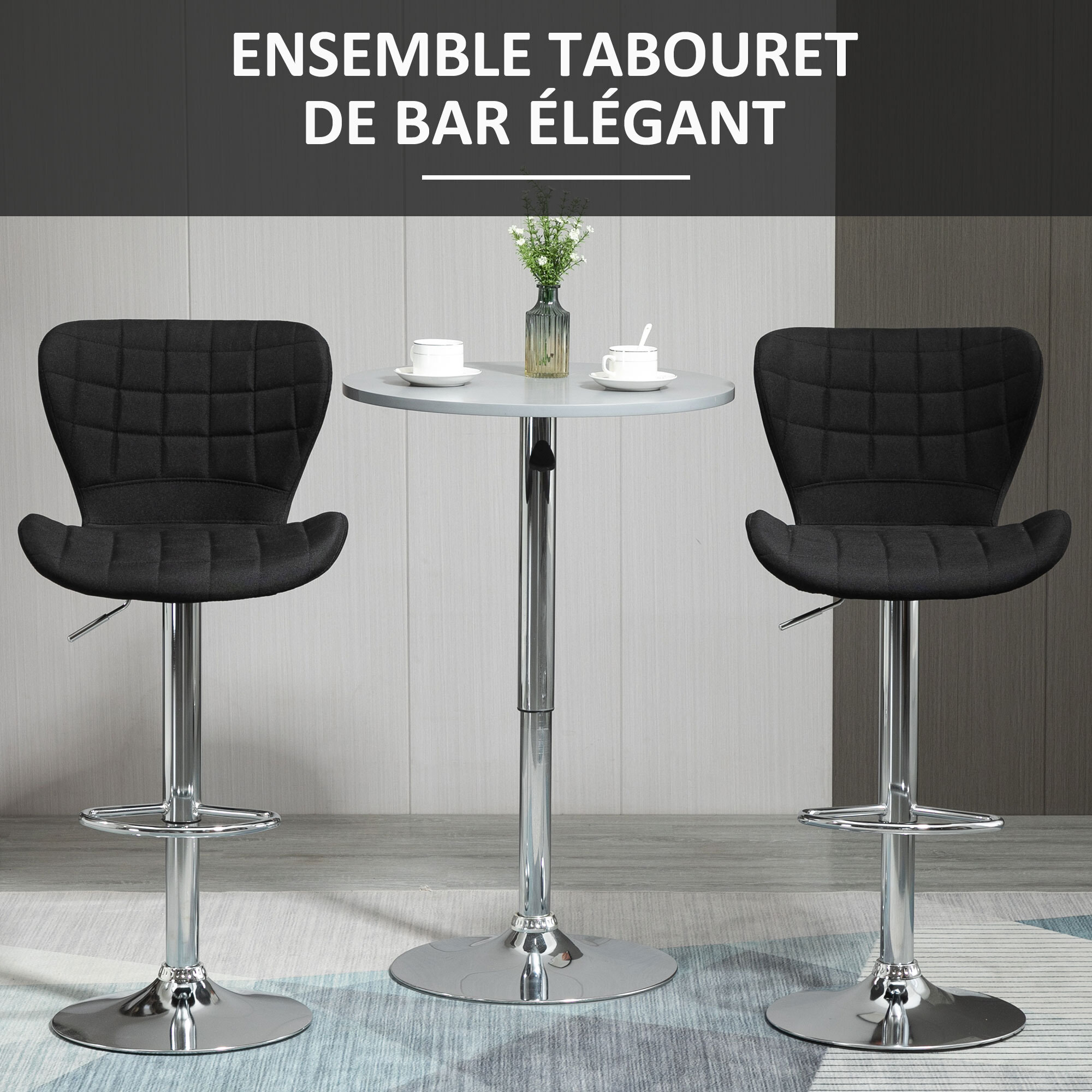 Lot de 2 tabourets de bar design contemporain hauteur d'assise réglable 59-81 cm pivotant 360° lin noir