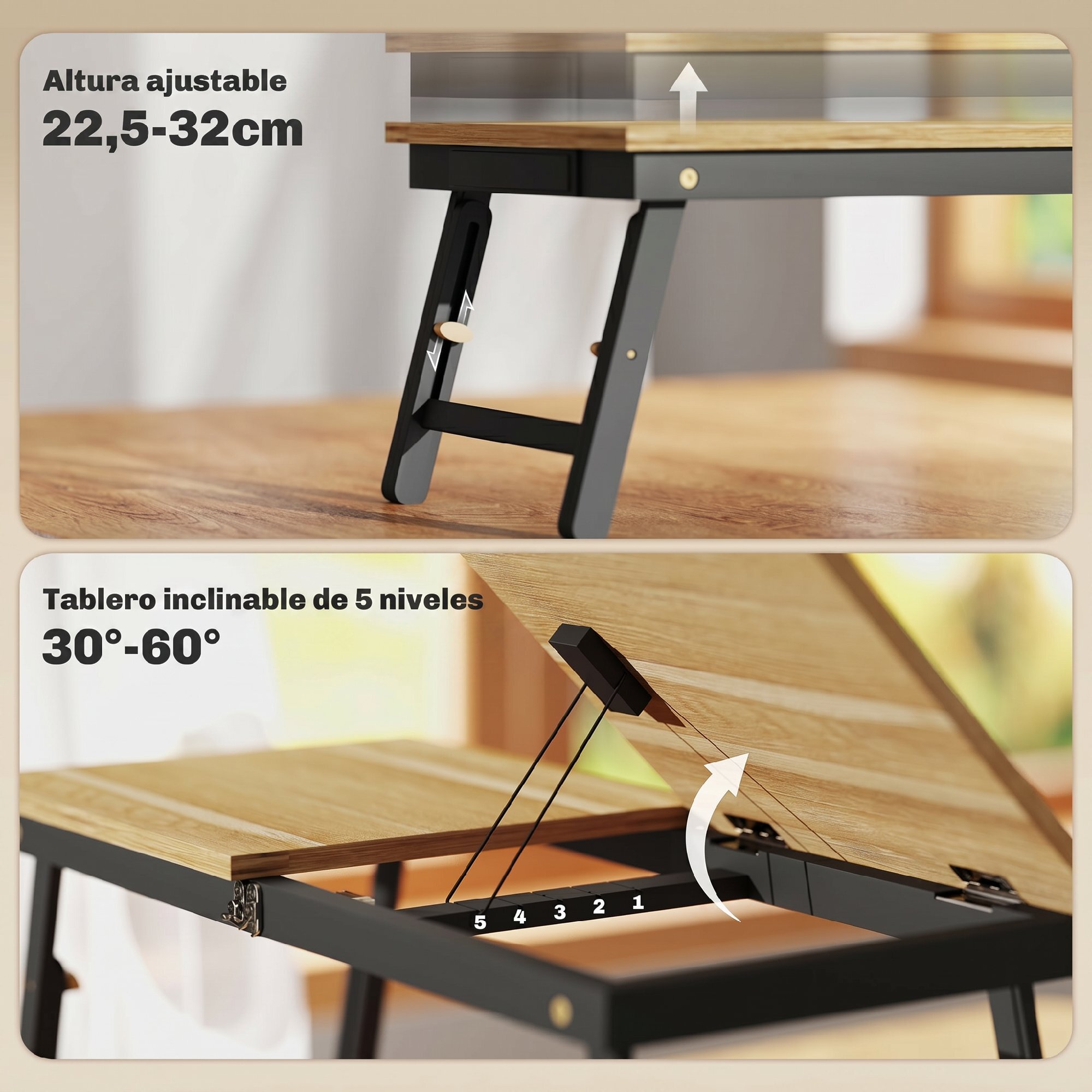 Mesa Reclinable para Cama y Sofá, Bandeja Plegable con Cajón Lateral, para Ordenador Portátil y Libros, con Cinco Alturas, Patas Ajustables, Mesita Auxiliar de Bambú y MDF, 83,5x33x34 cm, Roble