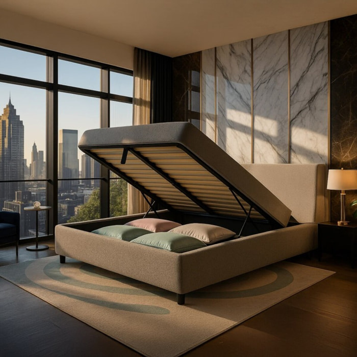 Lit coffre Colisée avec tête de lit | Robuste et confortable | Montage simple rapide | Bouclette | Gris clair