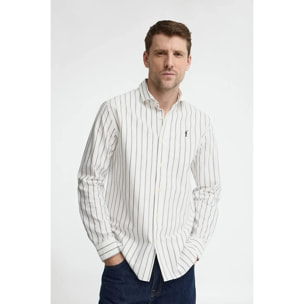 Camicia a righe ecrù e blu marino con collo italiano, regular fit con ricamo Rigby Go