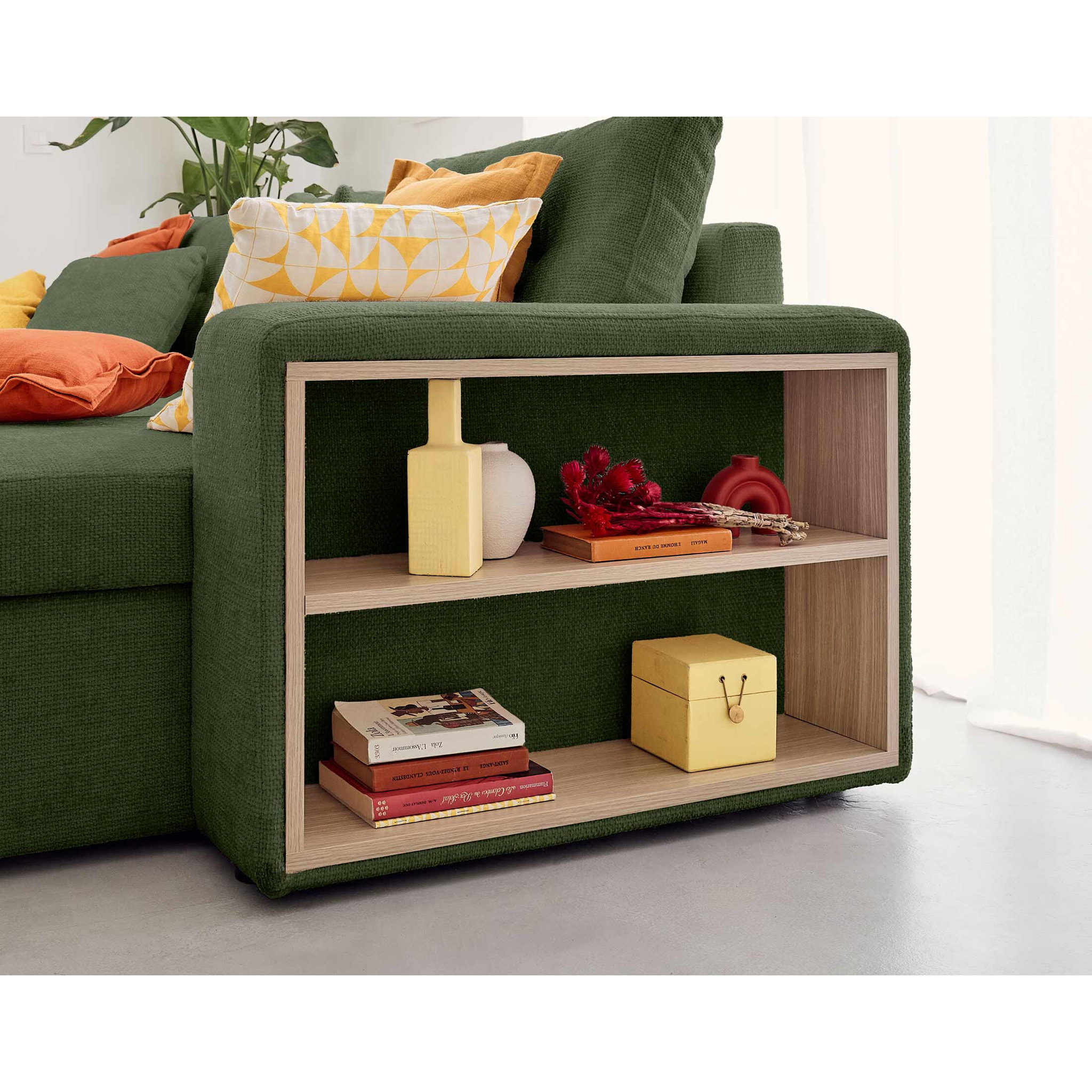 California - canapé d'angle réversible 4 places - convertible avec coffre, étagère et poufs - en velours texturé - Vert