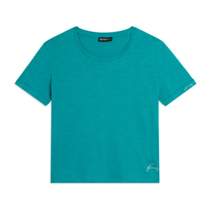 T-shirt cropped in jersey fiammato con risvolto sulle maniche