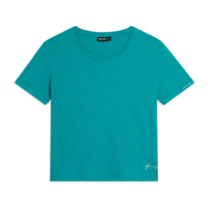 T-shirt cropped in jersey fiammato con risvolto sulle maniche