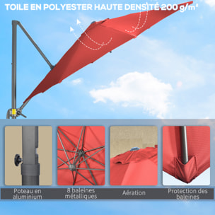 Parasol déporté octogonal inclinable manivelle avec pied en acier Ø 2,94 x 2,48H m rouge