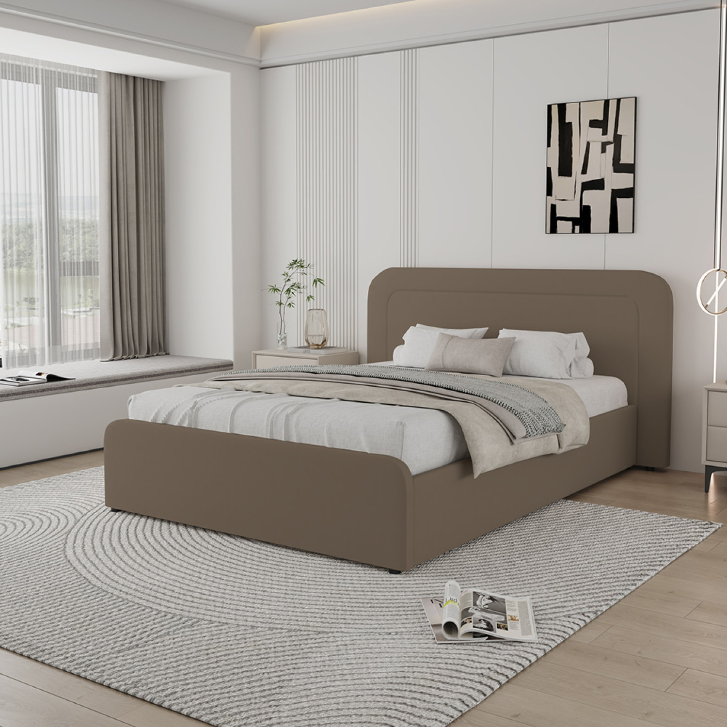 Lit avec coffre de rangement 160x200cm en velours marron SEDONA