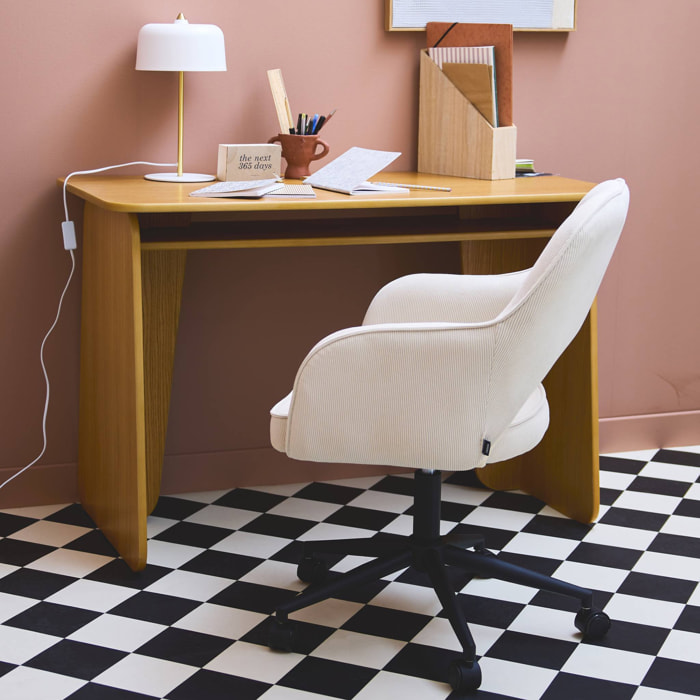 Chaise de bureau à roulettes velours côtelé blanc cassé. L 60 x P 62 x H 89 / 99cm