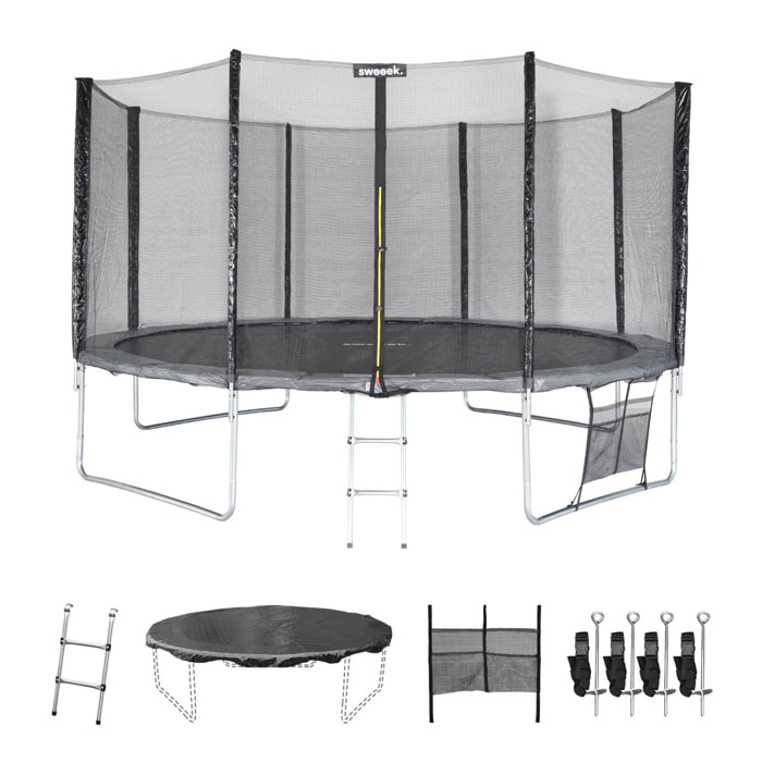 Trampoline 430cm gris avec filet de protection.  échelle. bâche. filet pour chaussures. kit d'ancrage - Vénus XXL- Trampoline de jardin 430 cm 4m| Qualité PRO|Normes EU