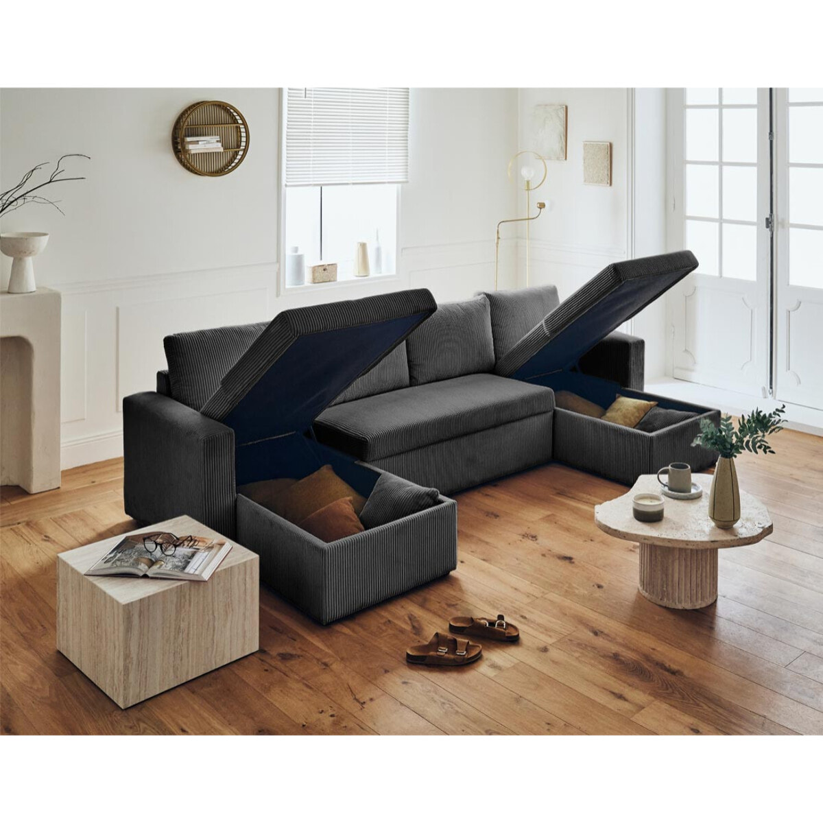 Cyrus - canapé panoramique en U - 7 places - convertible avec coffre - en velours côtelé - Gris foncé