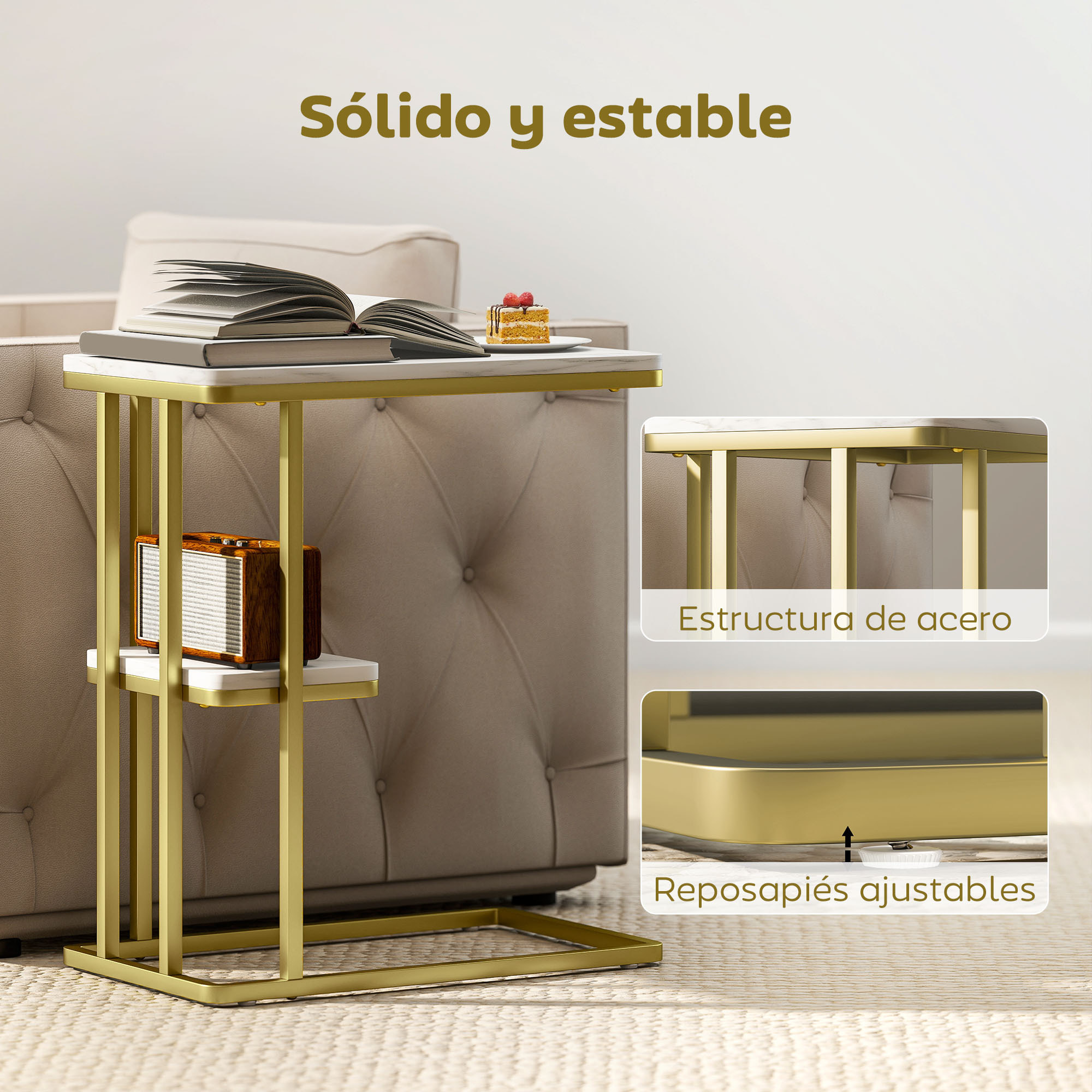 Mesa Auxiliar Estructura en C, Mesita Auxiliar Estrecha de 2 Niveles con Estante, Mesita de Noche Moderna Para Espacios Pequeños, Salón, Dormitorio, 50x30x57,5 cm, Blanco Efecto Mármol