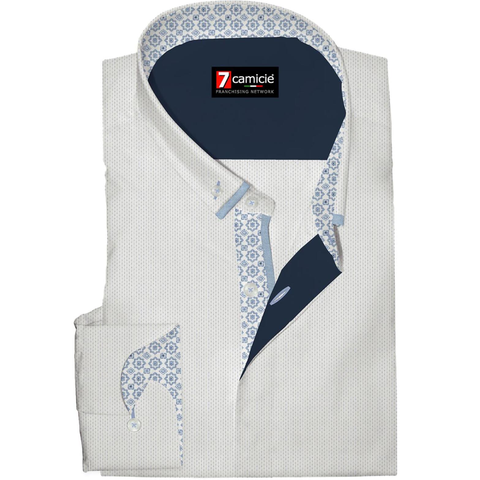 Camicia 1 Bottone Button Down Slim Uomo Armaturato Fantasia Bianco/Celeste