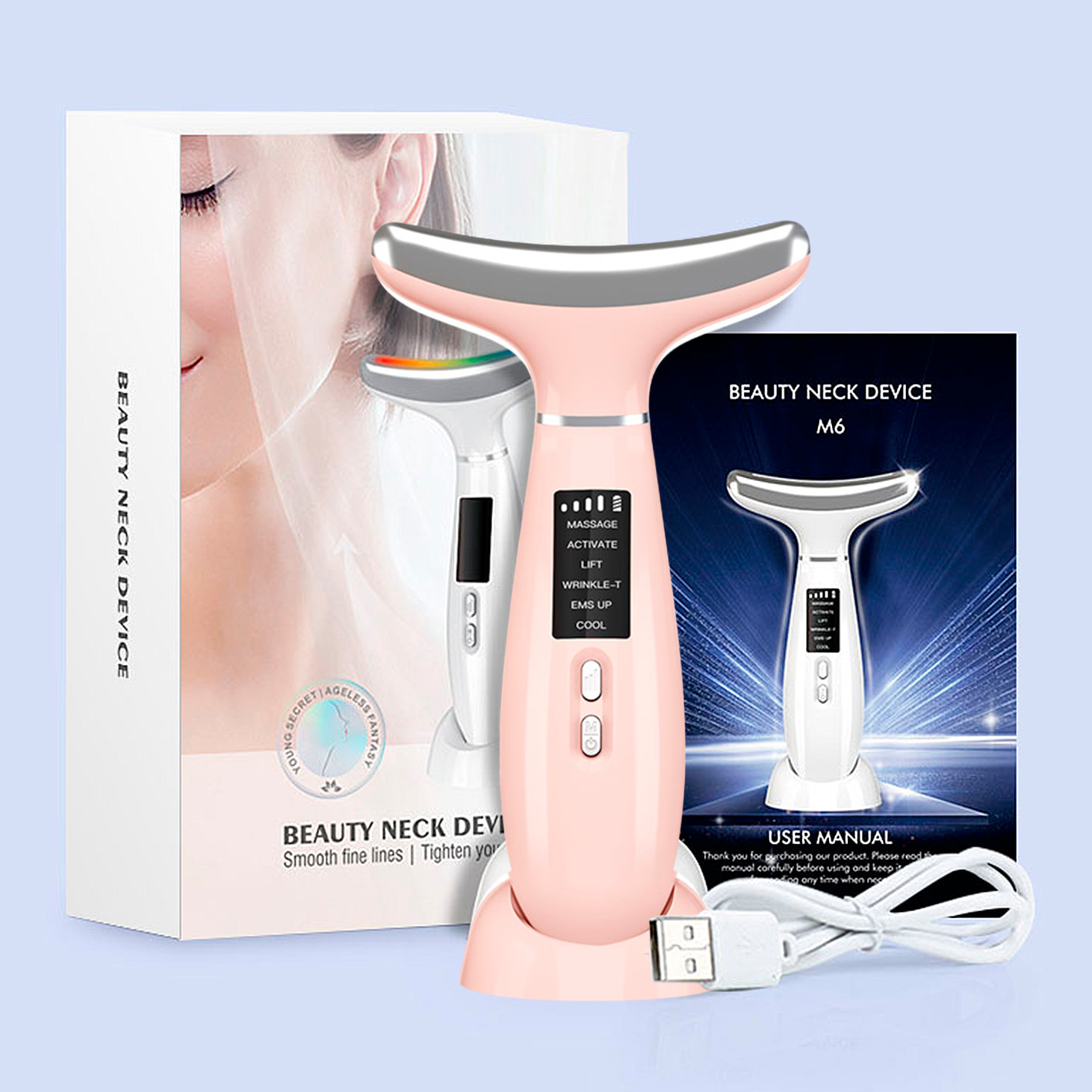 Dispositivo di bellezza 6 in 1 con LED, EMS, ioni, freddo, calore e vibrazione.