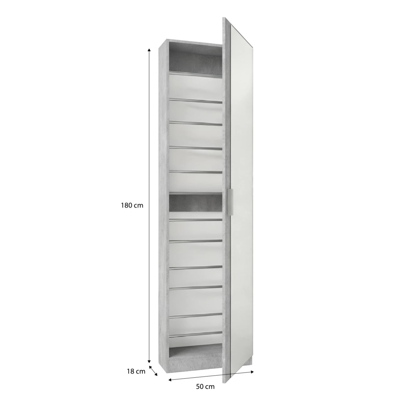 Zapatero alto de 1 puerta con espejo en gris cemento 180x50 cm Roma Gris cemento