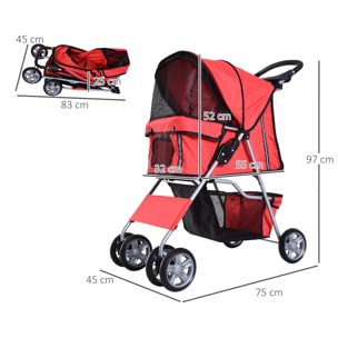 Poussette buggy pliable animaux chariot pliant chien chat porte-gobelet panier de rangement inclus roues avec frein tissu 600D Oxford métal rouge