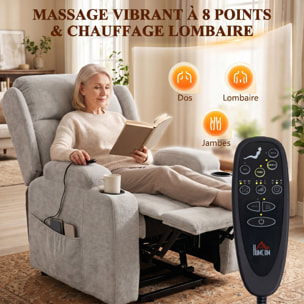 Fauteuil releveur massant chauffant inclinable repose-pieds ajustable télécommande gris clair
