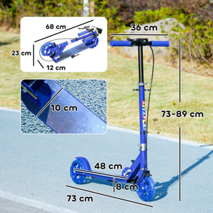 Trottinette pliable réglable enfant 3-8 ans roues lumineuses LED frein friction arrière et frein main métal bleu