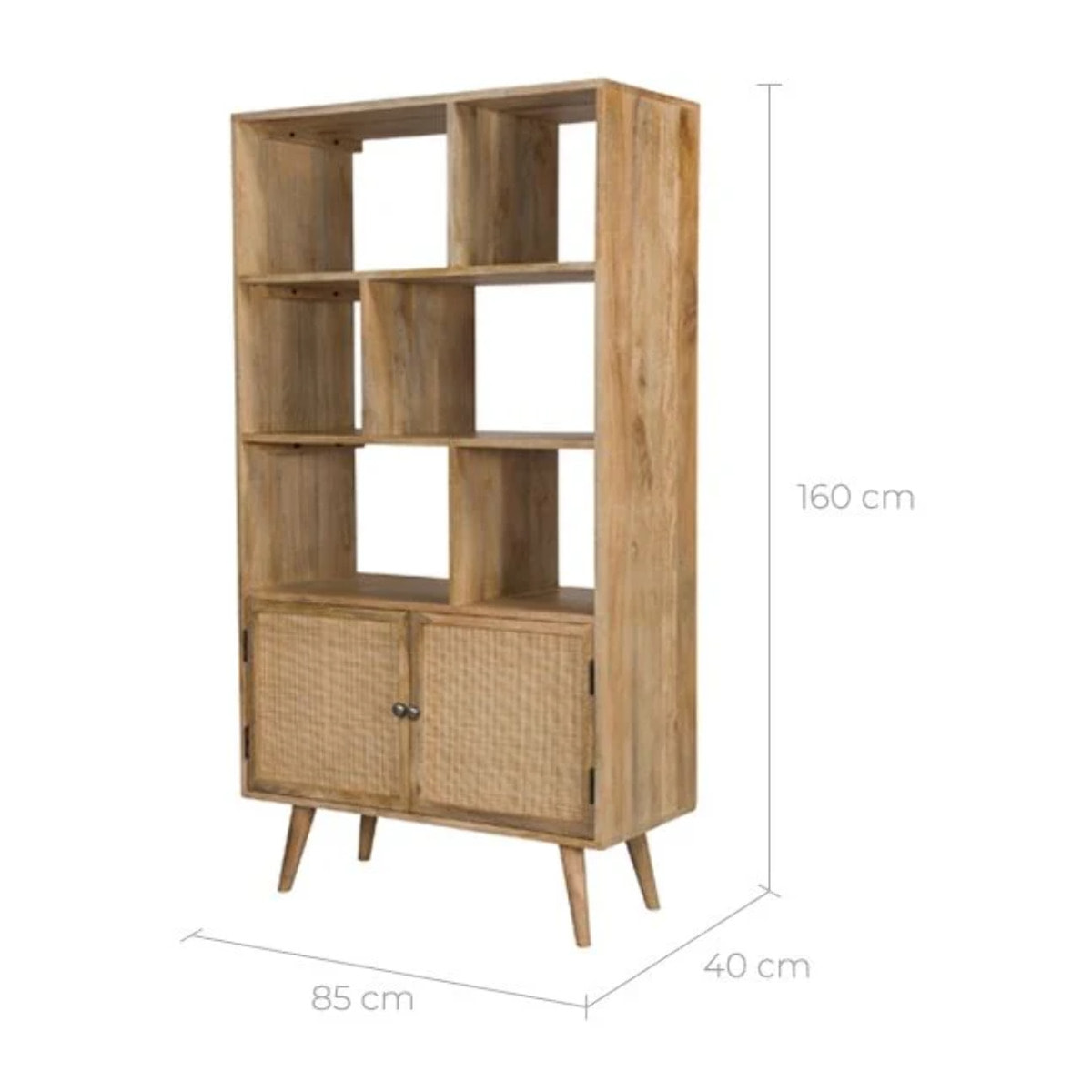 Etagère 6 niches 2 portes en cannage et bois de manguier - Cody