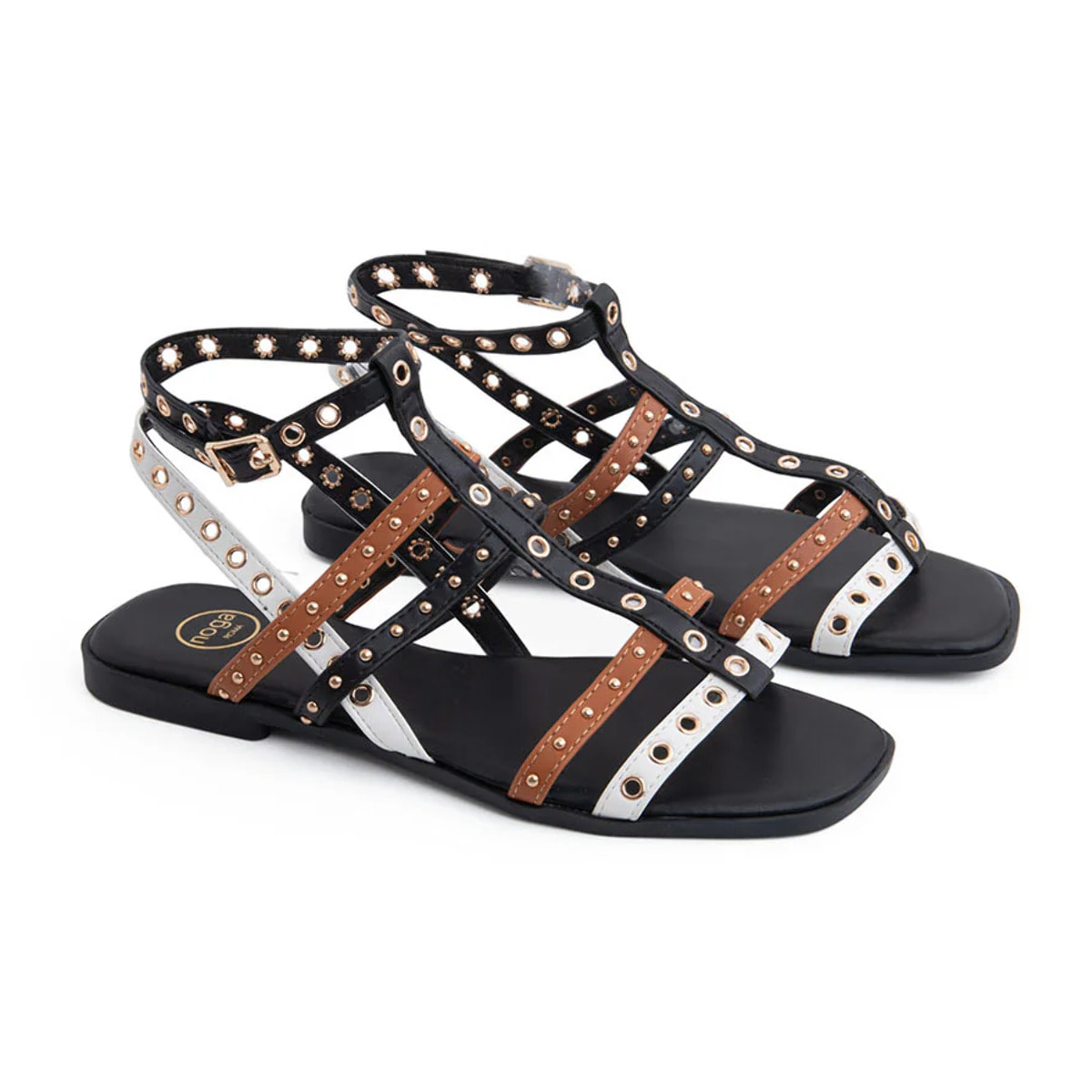 Sandalo flat tricolor con occhielli - NERO