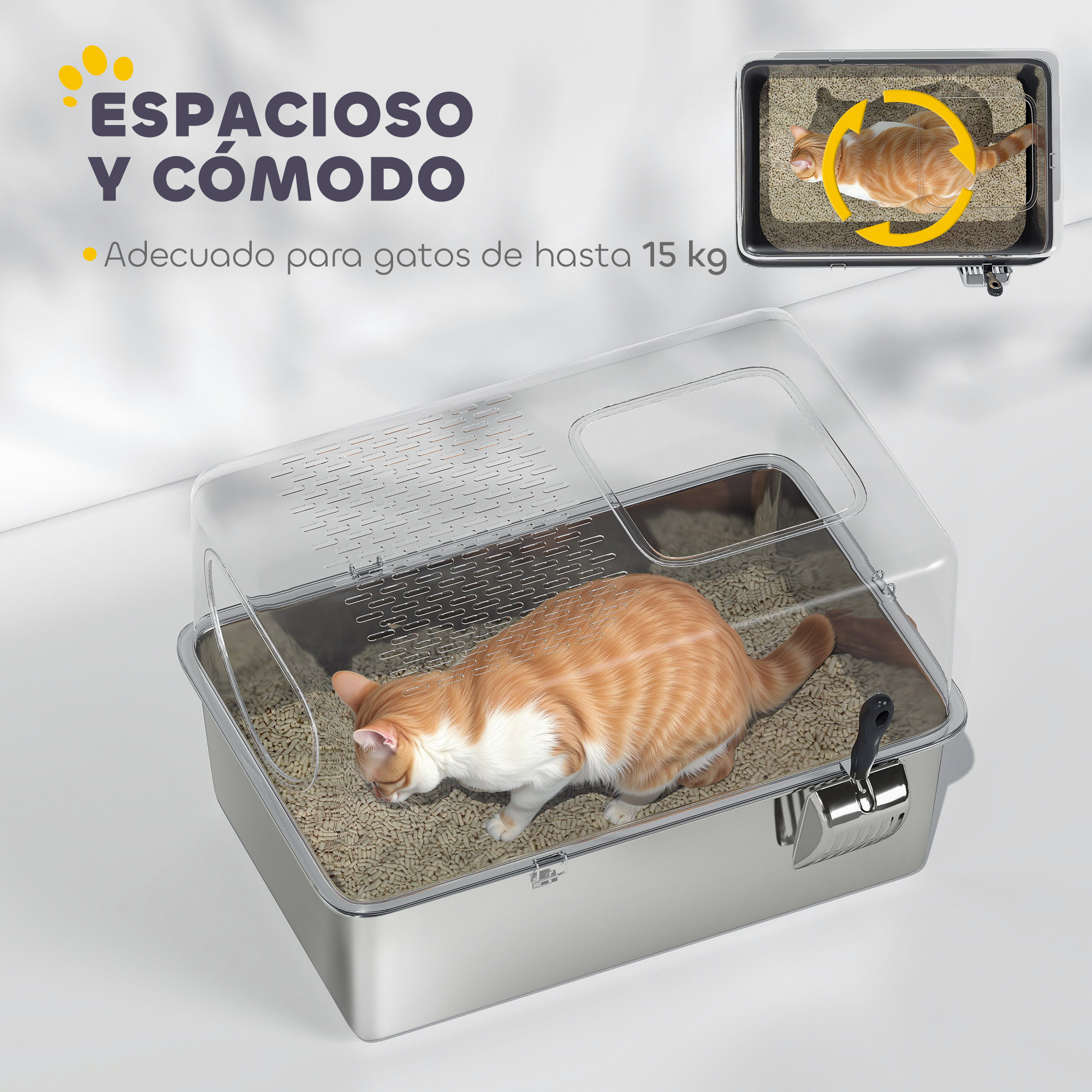 Arenero para Gatos de Acero Inoxidable XL Caja de Arena para Gatos Arenero con Pala Aberturas Dobles Fácil de Limpiar Plata