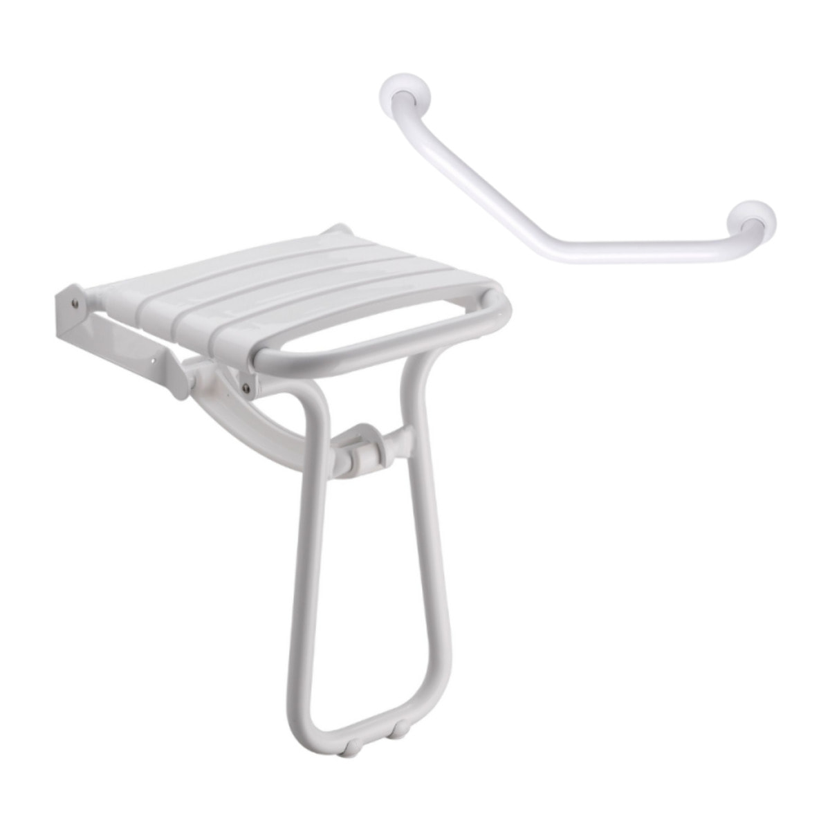 Siège de douche PMR escamotable et barre de maintien coudée PMR PELLET Essentiel confort 135 degré
