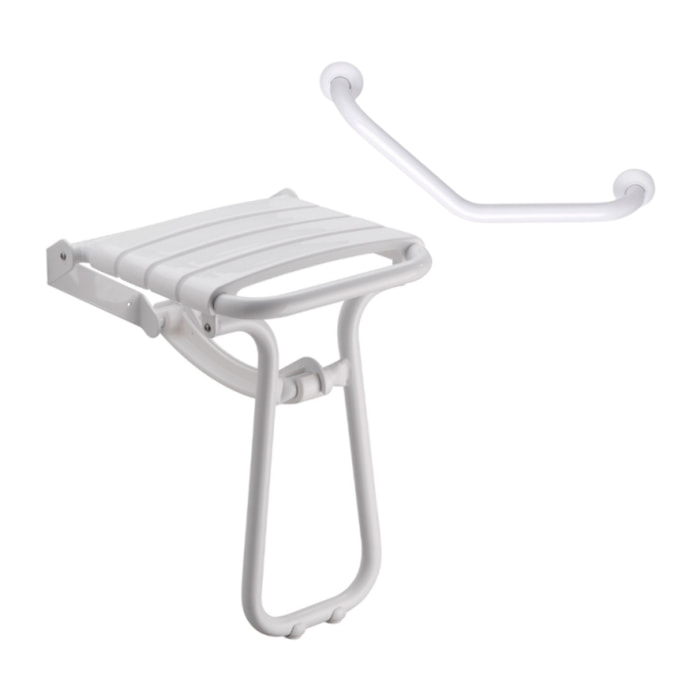 Siège de douche PMR escamotable et barre de maintien coudée PMR PELLET Essentiel confort 135 degré