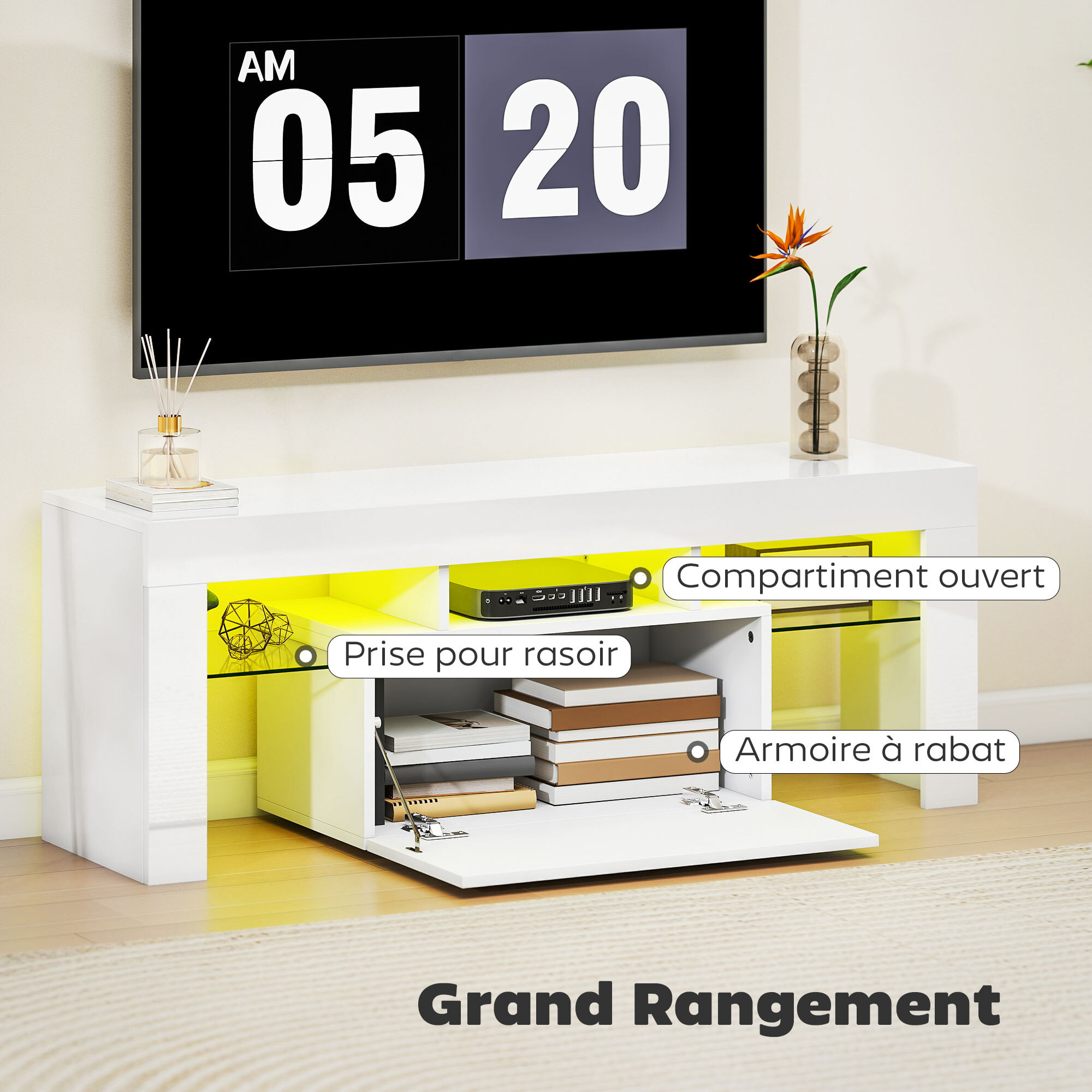 Meuble TV design blanc laqué LED réglable - 2 étagères verre trempé, niche, porte - dim. 120 x 34 x 45 cm