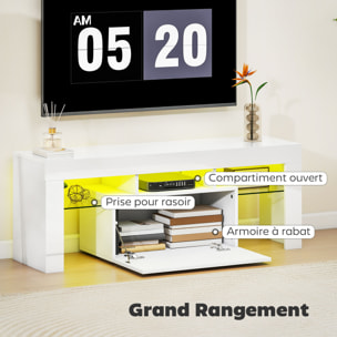 Meuble TV design blanc laqué LED réglable - 2 étagères verre trempé, niche, porte - dim. 120 x 34 x 45 cm