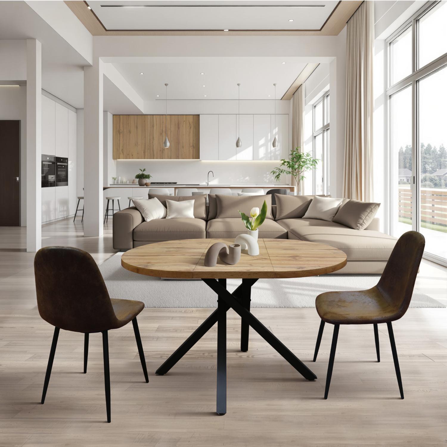 Tavolo rotondo POLA in legno, finitura rovere rustico e gambe incrociate in metallo nero, allungabile Ø100xH75 cm - 140x100x75 cm