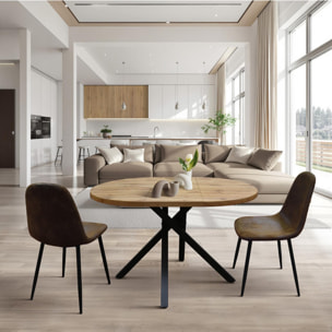 Tavolo rotondo POLA in legno, finitura rovere rustico e gambe incrociate in metallo nero, allungabile Ø100xH75 cm - 140x100x75 cm