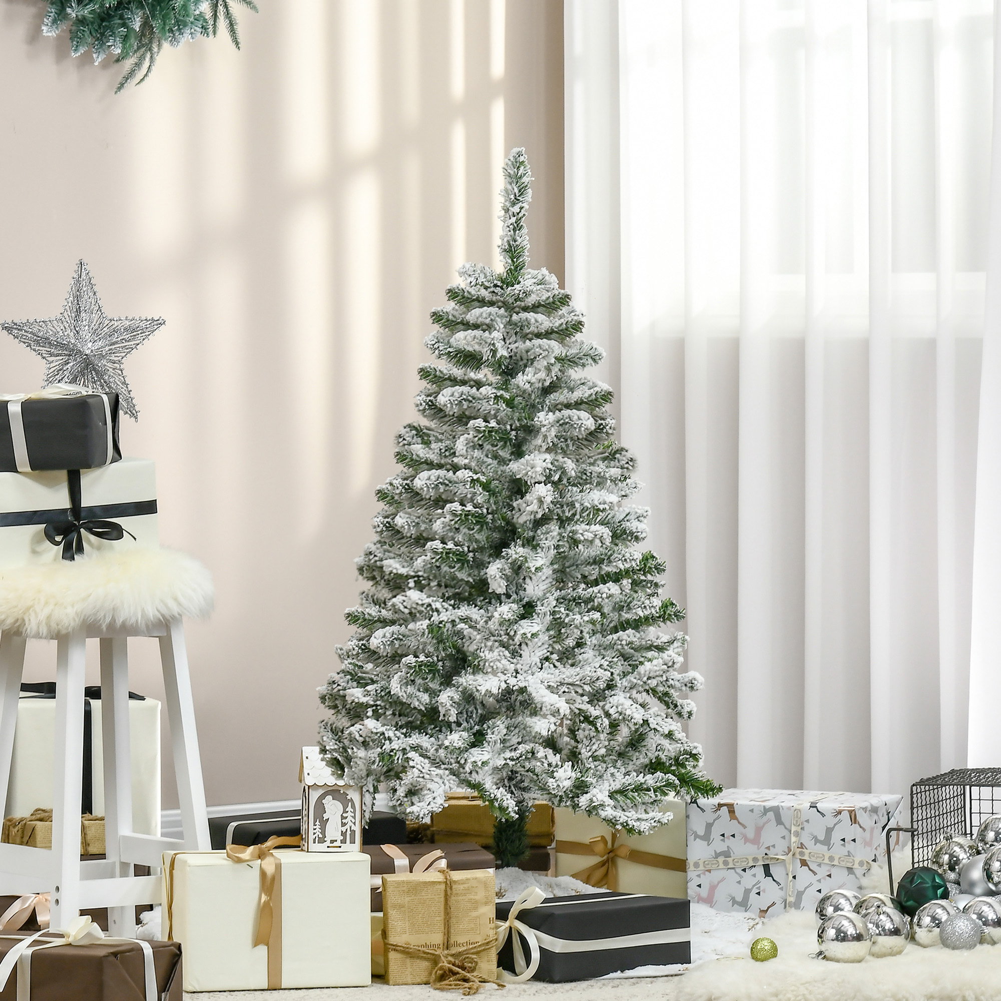 Árbol de Navidad Artificial 120 cm con Nieve Ignífugo con 200 Ramas Apertura Automática Base Plegable y Soporte Metálico Decoración Navideña para Interiores Verde