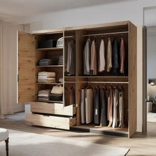 Armadio Guardaroba Moderno Con 2 Ante Battenti Specchio Anta Scorrevole 2 Cassetti Design Moderno 220 x 210 x 60 cm Rovere E Grigio Antracite