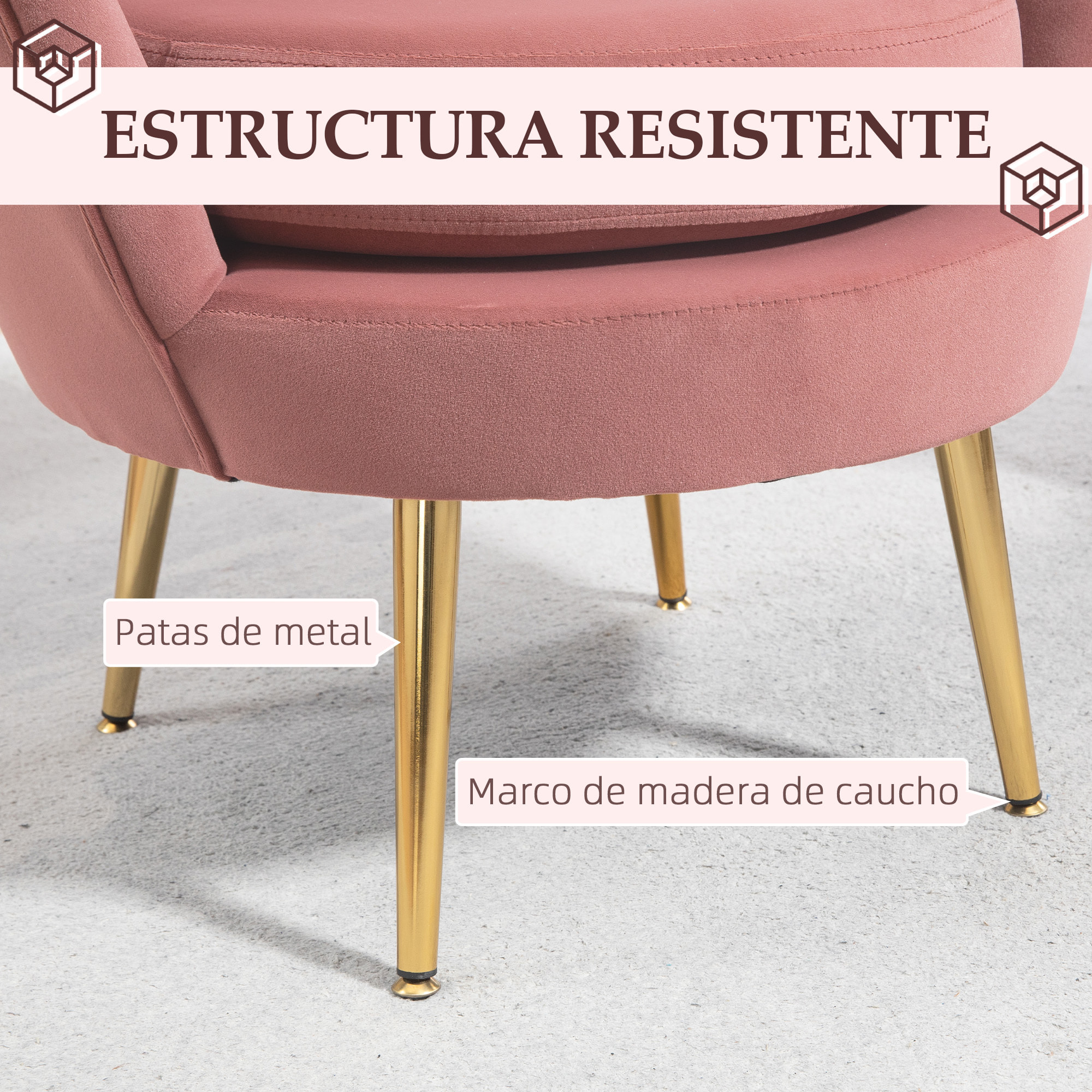 Butaca de Salón Tapizada en Terciopelo Sillón Butaca de Dormitorio con Respaldo en Forma de Concha y Patas Doradas para Comedor 76x67x74 cm Rosa