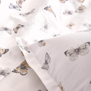 Parure de lit 3 pièces percale de coton 80 fils papillons housse + taies - Blanc