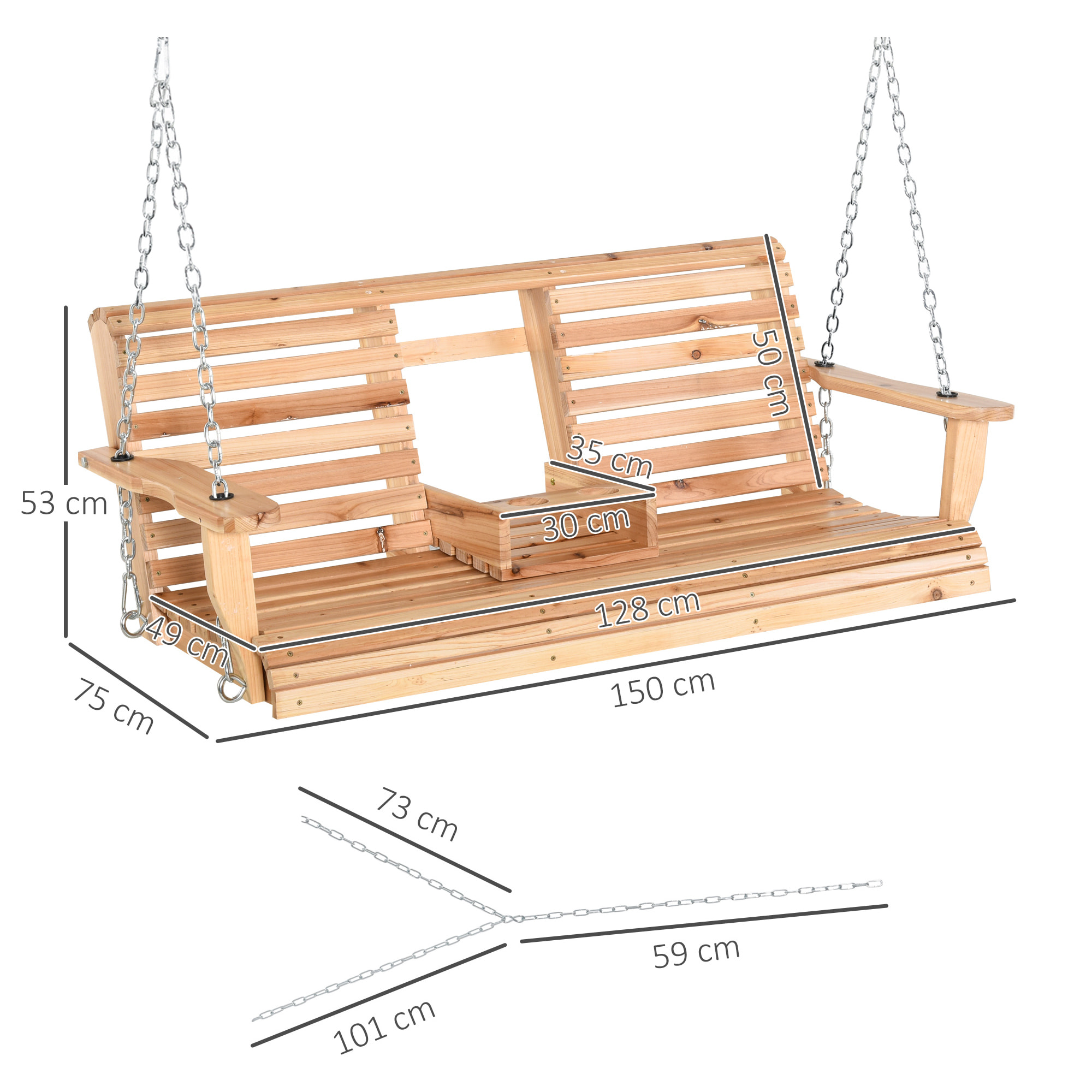 Banco Columpio de 2-3 Plazas Banco Colgante de Madera con Mesa de Centro Plegable 2 Portavasos y Reposabrazos Carga 200 kg para Jardín Terraza Balcón 150x75x53 cm Natural