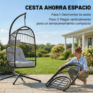 Outsunny Silla Colgante Huevo con Soporte, Columpio Jardín Exterior con Cesta Plegable de Ratán, Cojín Grueso, Reposacabezas, Altura Ajustable, Estructura Metálica para Interior y Exterior, Gris Claro