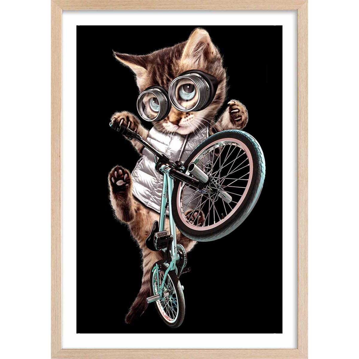 Affiche enfant bmx chat  Affiche + cadre en bois - Chêne