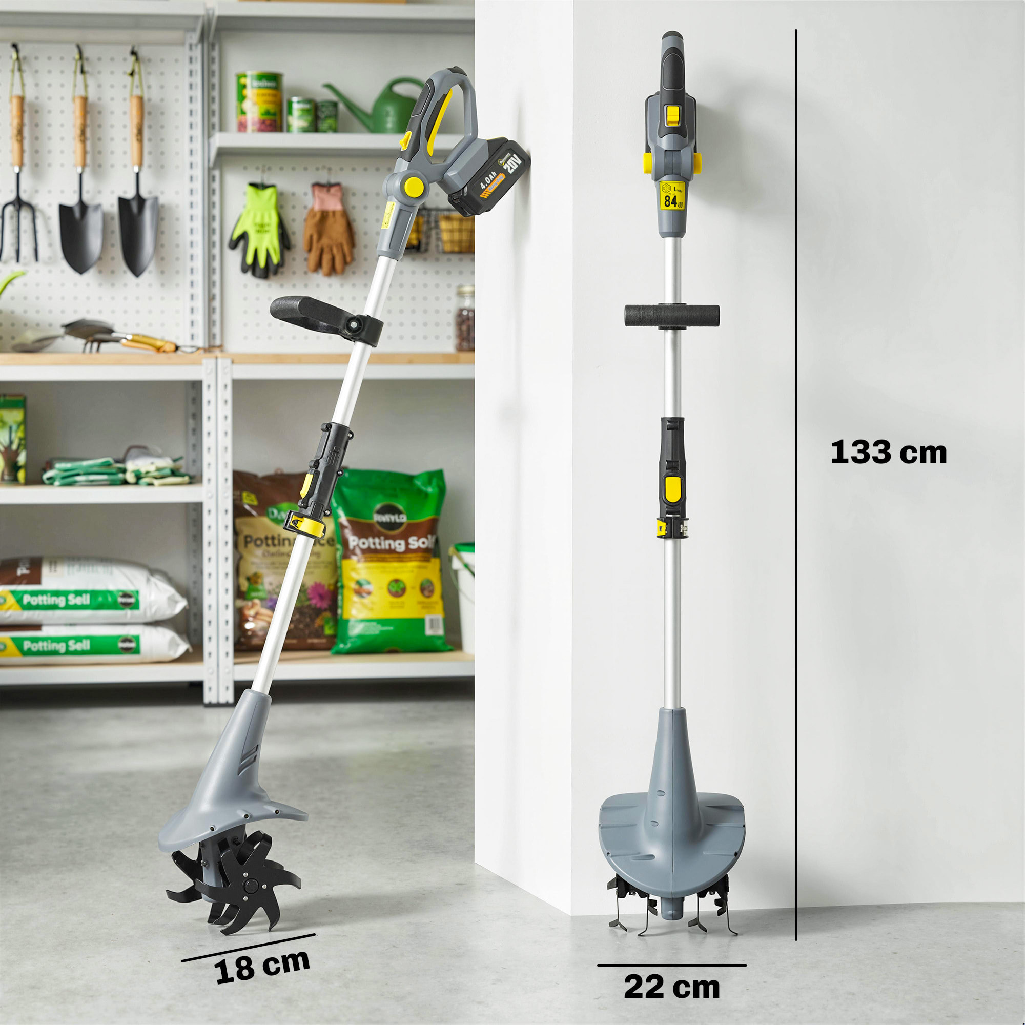 Motobineuse sans fil 355W 2 batteries 2 x 20V 4 fraises acier gris