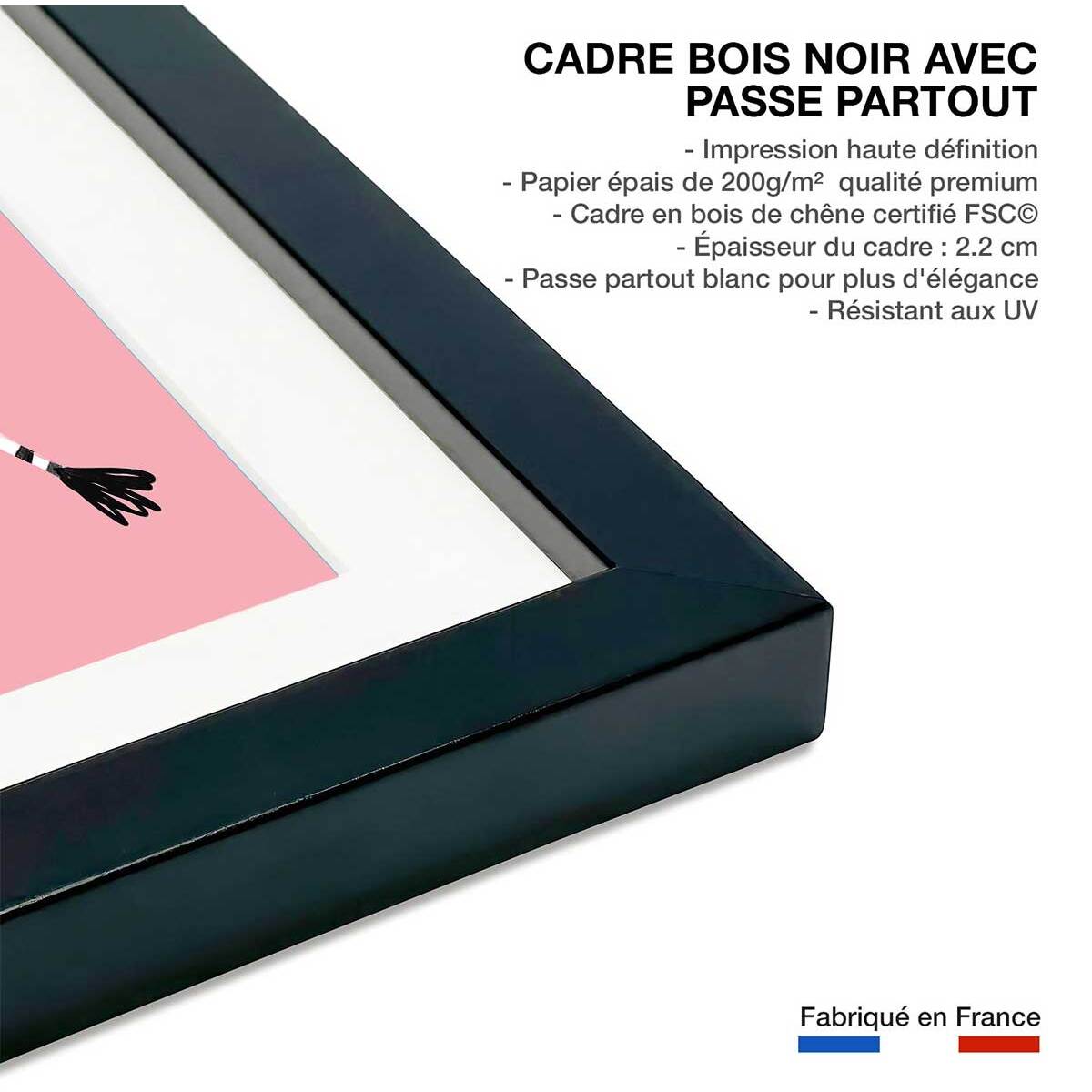 Affiche enfant zèbre rose  Affiche + cadre en bois - Noir