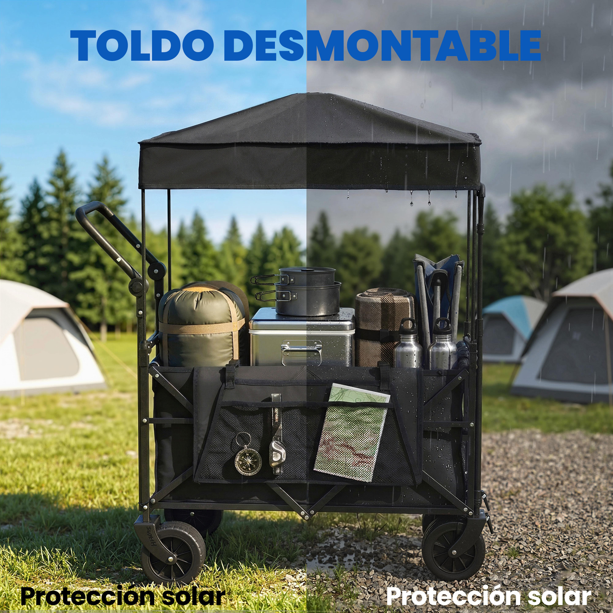 Carro Playa con Ruedas Grandes con Freno, Techo Extraíble, Carro Plegable para Jardín con Barra Ajustable, Portavasos y Bolsillos, Carga 100 kg, para Todo Terreno, Campaña, Compras, Negro