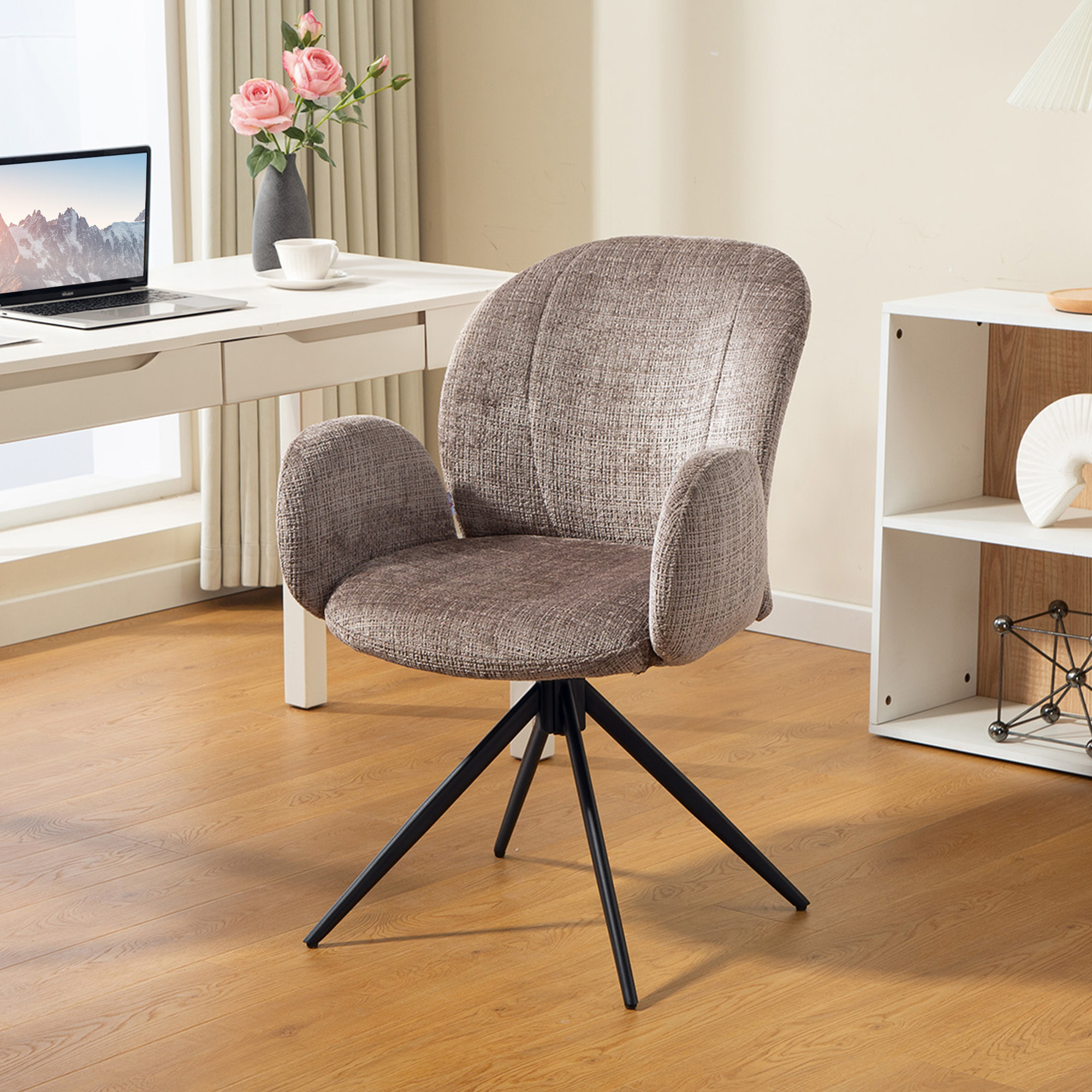 Chaise de bureau ergonomique pivotante à retour auto dossier enveloppant accoudoirs courbés tissu marron