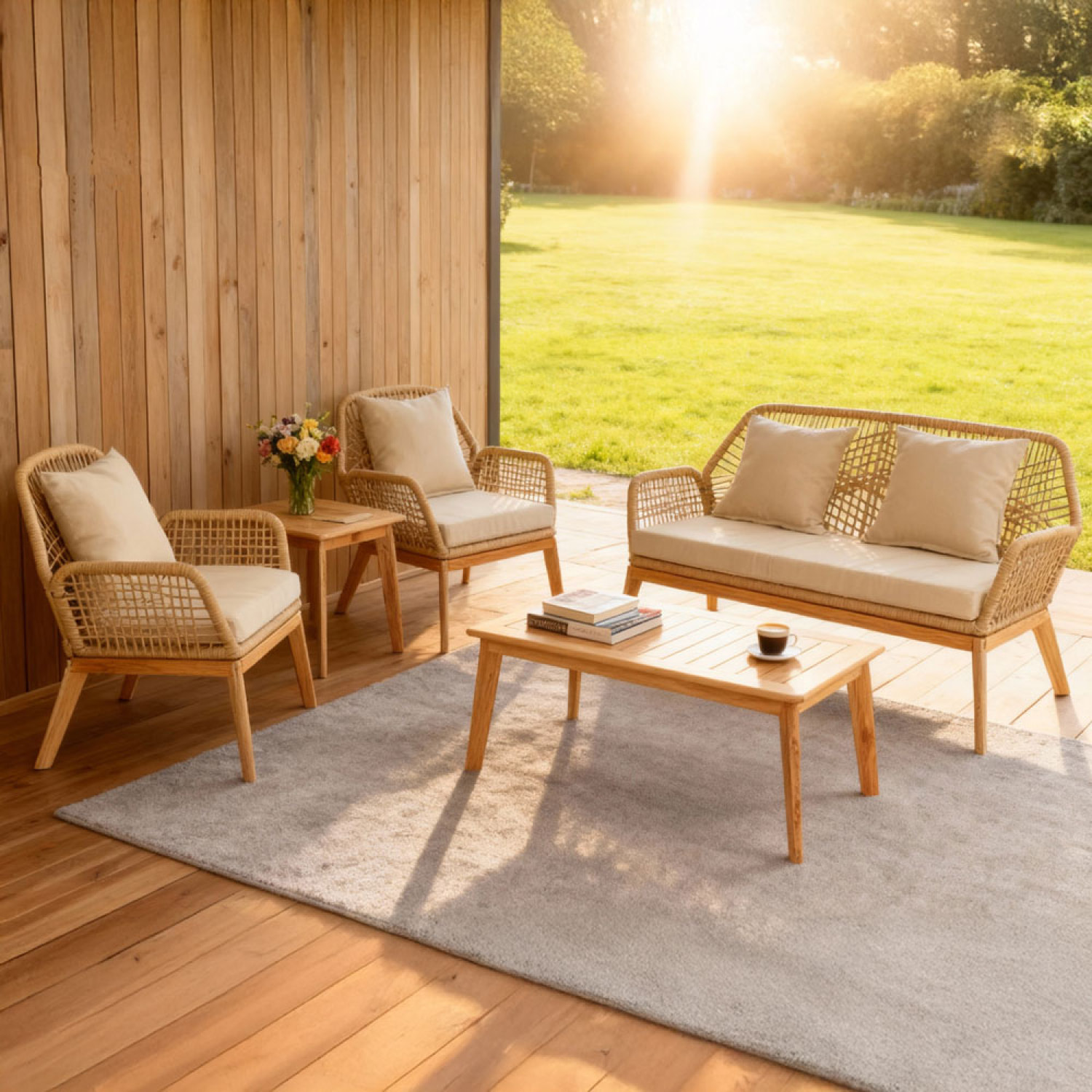 EMILIO Salon de jardin 4 places en bois avec 2 tables beige et bois