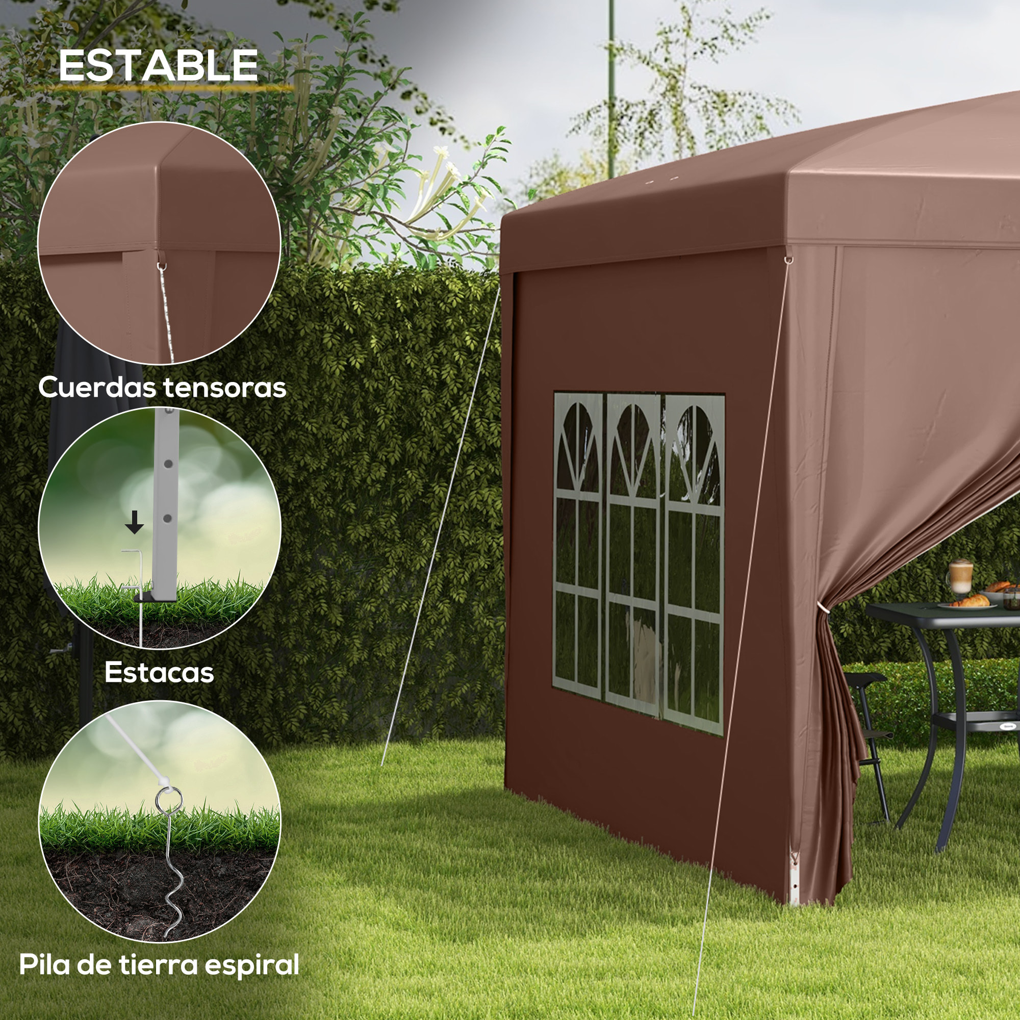 Carpa Plegable Pop-up Gazebo 3x3 m Cenador Plegable con 4 Paredes Laterales Anti-UV y Bolsa de Transporte para Camping Fiestas Café