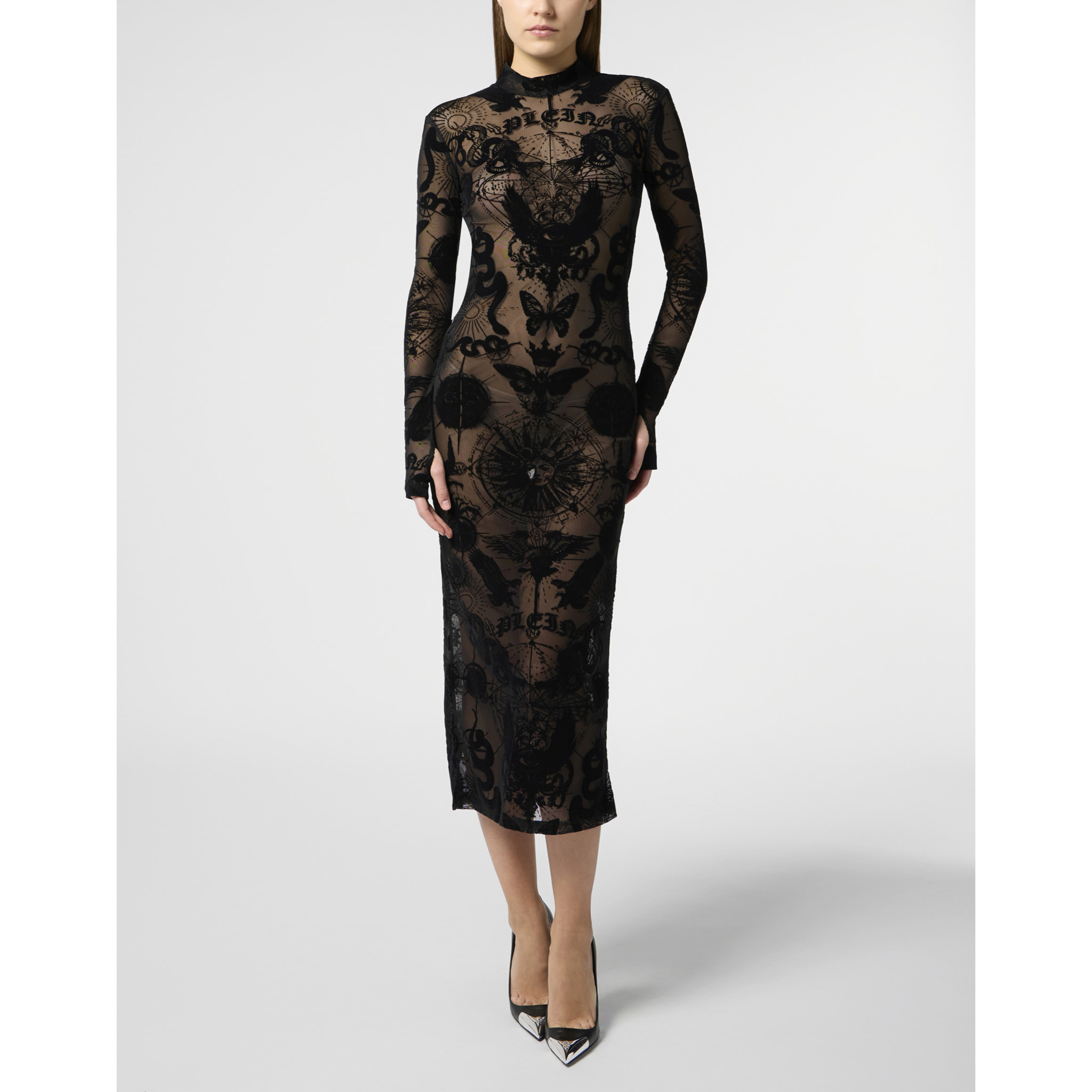 PHILIPP PLEIN Open Back Maxi Dress Flock Butterfly Tattoo