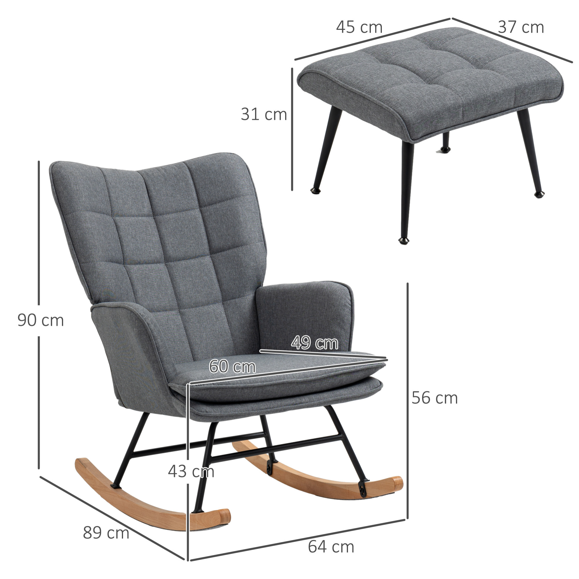 Fauteuil à bascule avec repose-pieds style nordique acier noir bois clair tissu gris