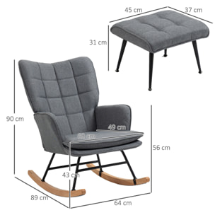 Fauteuil à bascule avec repose-pieds style nordique acier noir bois clair tissu gris