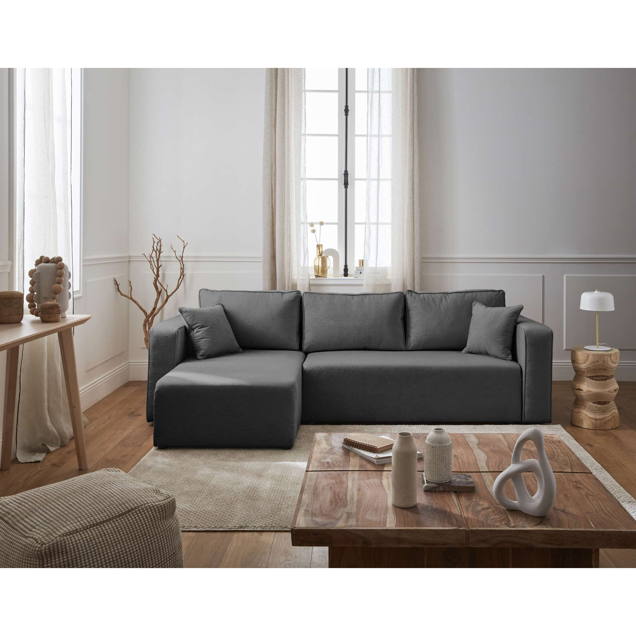 Topaze - canapé d'angle réversible - 4 places - convertible avec coffre - en tissu - Gris foncé