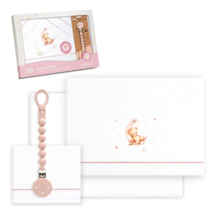 Triptico Cuna Estampado Oso Luna Estrellas + Broche Bco/Rosa