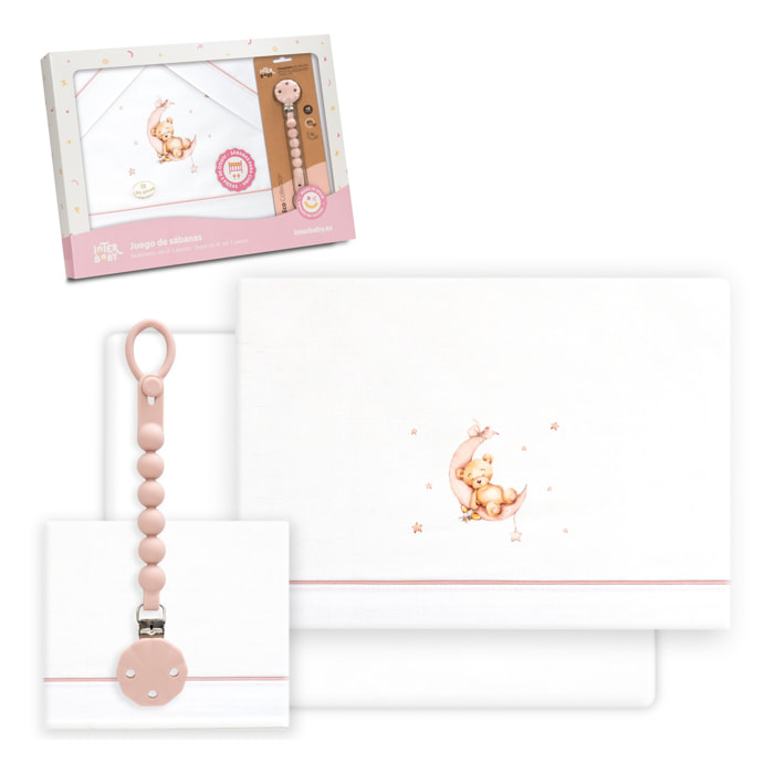 Triptico Cuna Estampado Oso Luna Estrellas + Broche Bco/Rosa